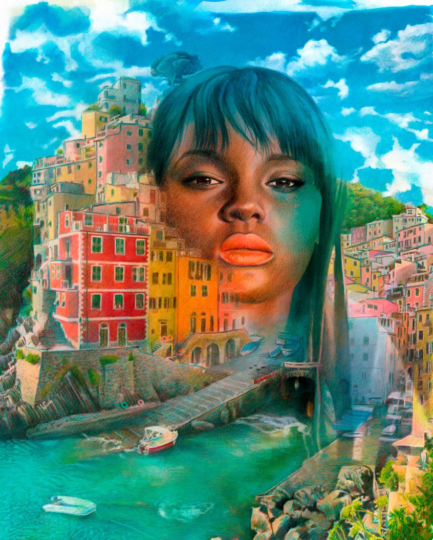 illustration of Illustration in which a female figure merge with the coastal village of Riomaggiore (Italy)
Work created on paper with watercolour, India ink, colored pencils and graphite.