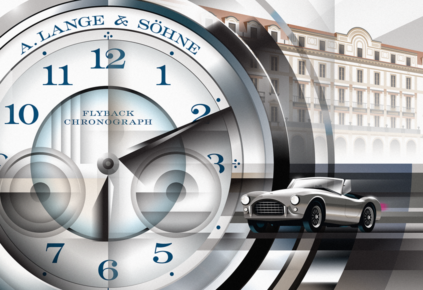 illustration of Illustration for A. Lange & Söhne. They are a major sponsor of the Concorso d'Eleganza, which takes place annually in Como, Italy at Villa d'Este.
Concorso d'Eleganza Villa d'Este is a Concours d'Elegance event in Italy for classic and vintage cars.
