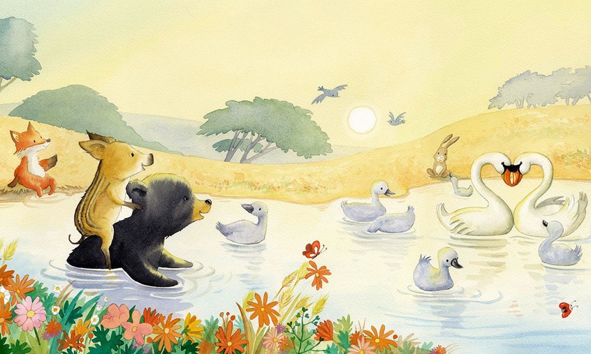 illustration of Picture book, Cover art, Traditional, Kidslit, Mixed Media, bear, piglet, duck, lake, character development,