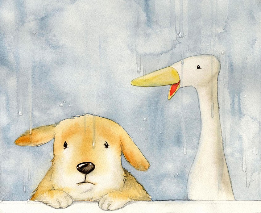 illustration of Picture book, Cover art, Traditional, Kidslit, Mixed Media, dog, duck, character development,
