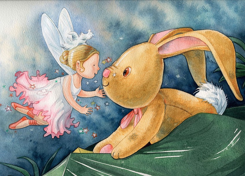 illustration of Picture book, Cover art, Traditional, Kidslit, Mixed Media, rabbit, fairy, plush toy, character development,