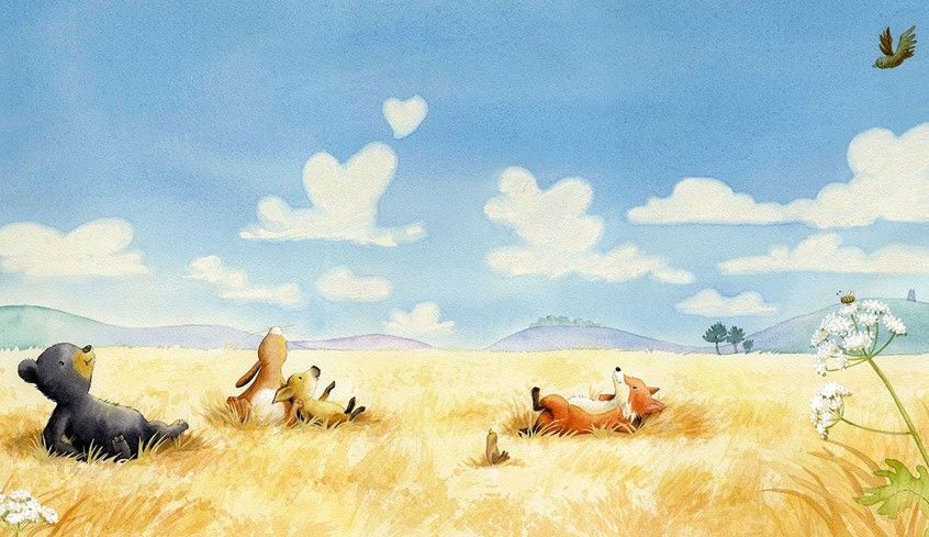 illustration of Picture book, Cover art, Traditional, Kidslit, Mixed Media, fox, piglet, hare, bear, field, landscape, character design,