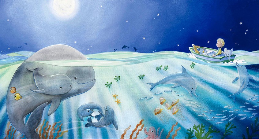illustration of Picture book, Cover art, Traditional, Kidslit, Mixed Media, dolphin, boat, ocean, sea creatures, fish,