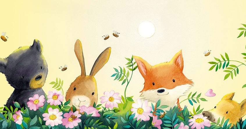 illustration of Picture book, Cover art, Traditional, Kidslit, Mixed Media, rabbit, fox, bear, piglet, character development, character design