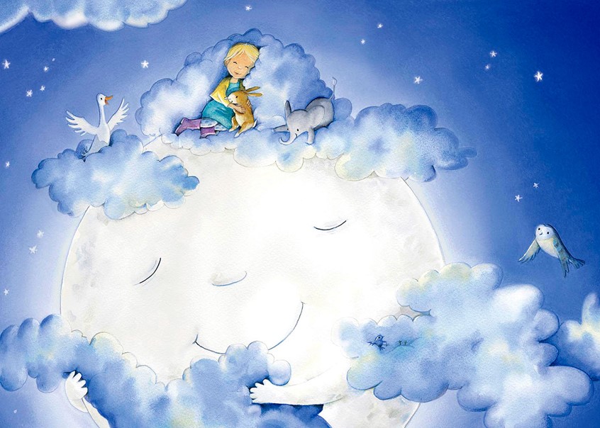 illustration of Picture book, Cover art, Traditional, Kidslit, Mixed Media, moon, clouds, elephant, duck, rabbit, young girl,