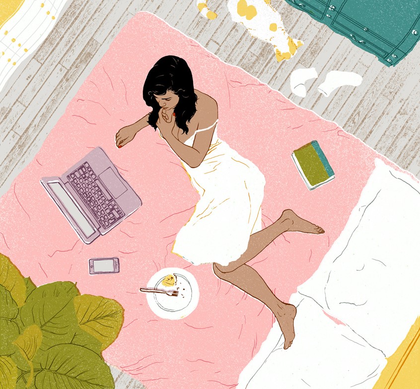 illustration of In a moment of stillness and solitude, a woman strikes a contemplative pose while she reads in bed. Soft feminine shades in a cluttered yet minimal composition give the casually intimate scene a quiet emotional weight.