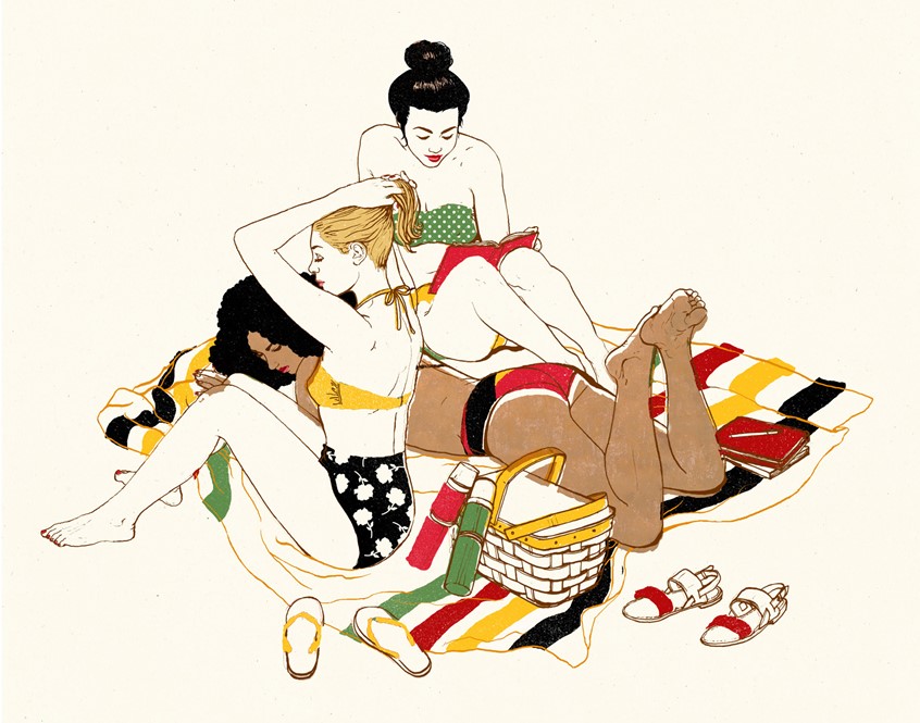 illustration of Three women lounge in swimsuits at the beach, each lost in her own moment beneath the sun. The scene is relaxed but quiet, rendered in soft sun-bleached tones that echo the haze of a late summer afternoon. Their postures suggest introspection — a collective pause that captures both friendship and the faint melancholy of a season’s end.