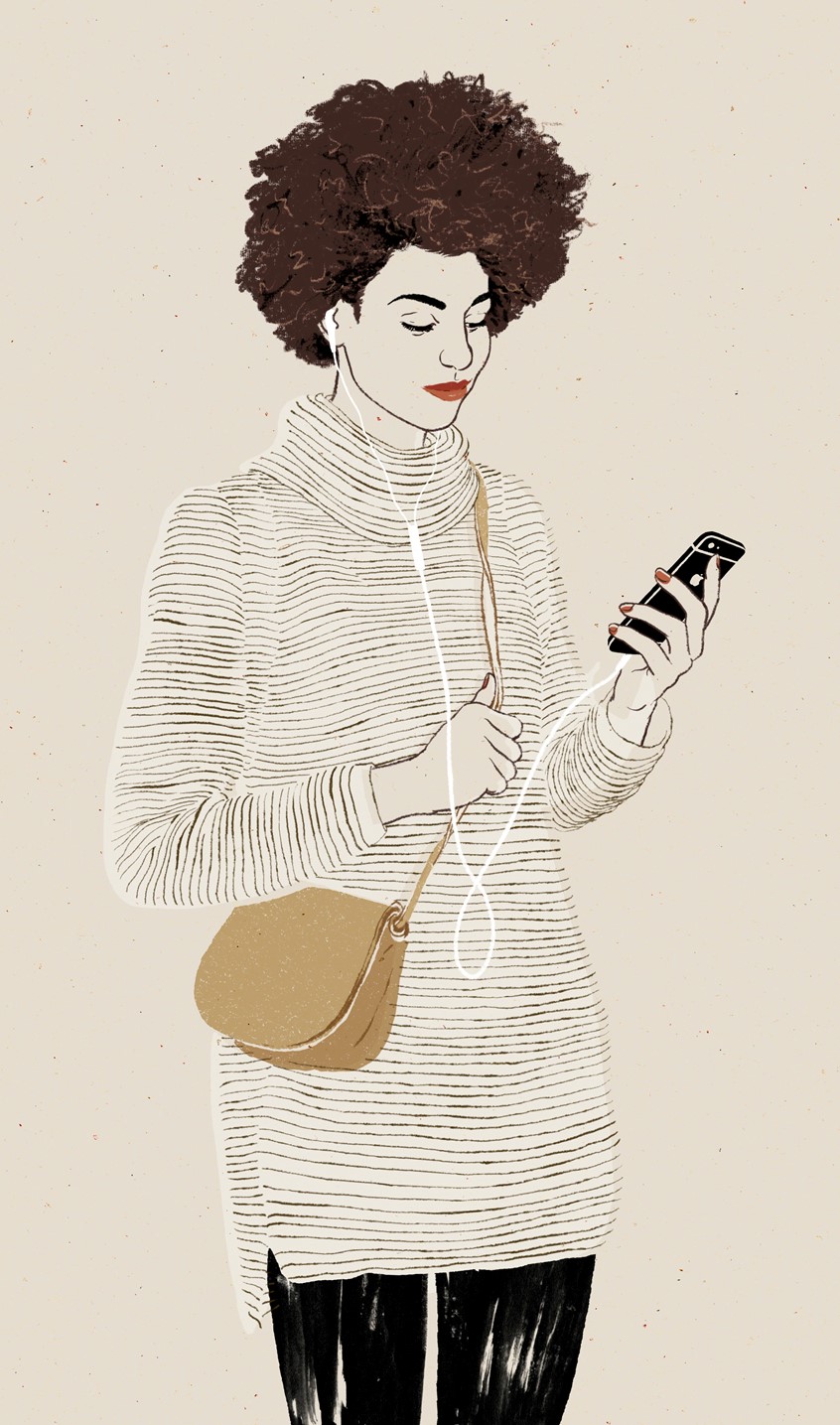 illustration of Absorbed but at ease, a woman radiates calm as she scrolls through her phone, earbuds tethering her to a private soundtrack. Rendered with softness and restraint, this portrait suggests a moment of inward focus; the outside world has receded.