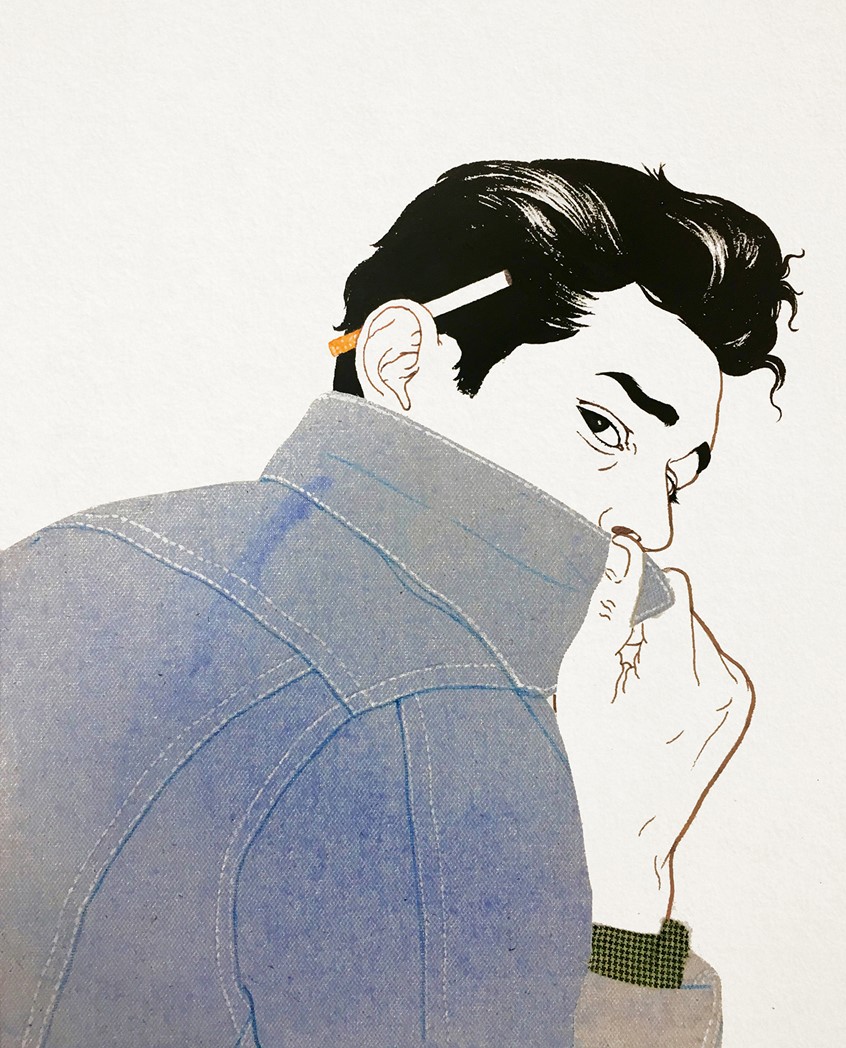 illustration of With his fashionably cool collar raised and a cigarette tucked behind one ear, Jake turns just enough to meet the viewer’s gaze with a confident cinematic stare. The denim, posturing, and a suggestion of smoke make this stylized portrait feel like a frame from a fashion shoot.