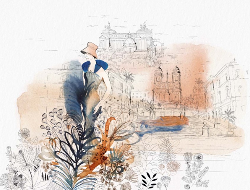 illustration of F/C illustration of woman against Rome, Italy, background done as a watercolour on paper and digital, wallpaper for hotel, editorial, advertising, packaging, line art, line art and color, people, woman's fashion, man's fashion, architectural, portraits,
