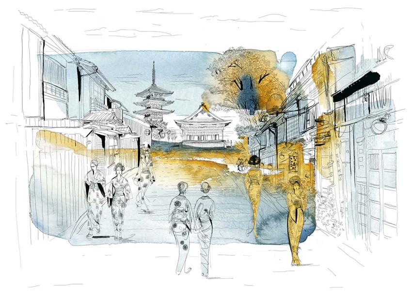 illustration of F/C illustration of woman against Japanese landscape , background done as a watercolour on paper and digital, wallpaper for hotel, editorial, advertising, packaging, line art, line art and color, people, woman's fashion, man's fashion, architectural, portraits,