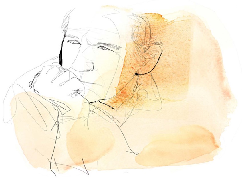 illustration of Portrait of man done in b/w line, background done as a watercolour on paper and digital, wallpaper for hotels, editorial, advertising, packaging, line art, line art and color, people, woman's fashion, man's fashion, architectural, portraits,