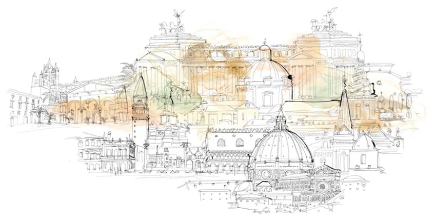 illustration of F/C illustration of buildings and monuments of Rome's landscape , background done as a watercolour on paper and digital, wallpaper for hotels, editorial, advertising, packaging, line art, line art and color, people, woman's fashion, man's fashion, architectural, portraits,