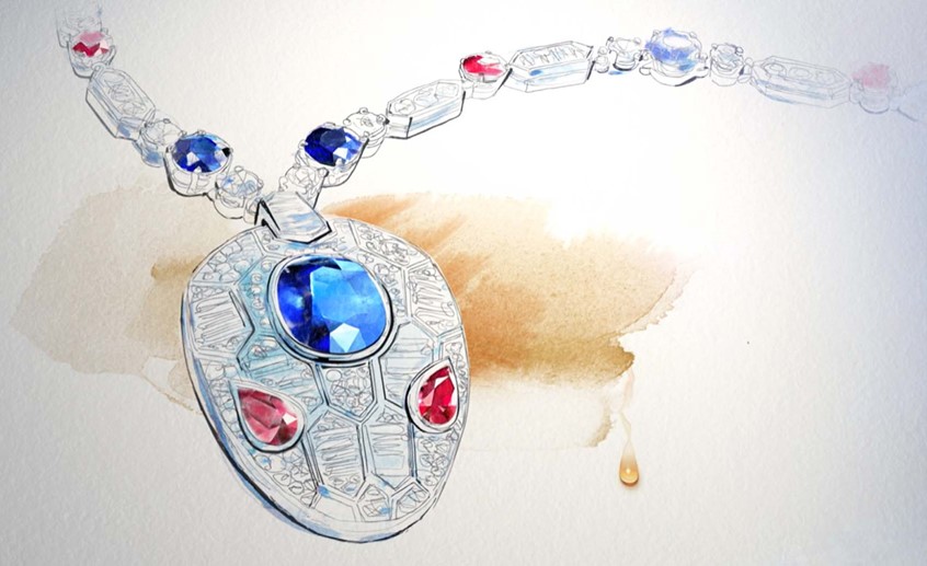 illustration of F/C illustration of jewellery by Bulgari about Rome , background done as a watercolour on paper and digital, wallpaper for hotel, editorial, advertising, packaging, line art, line art and color, people, woman's fashion, man's fashion, architectural, portraits,