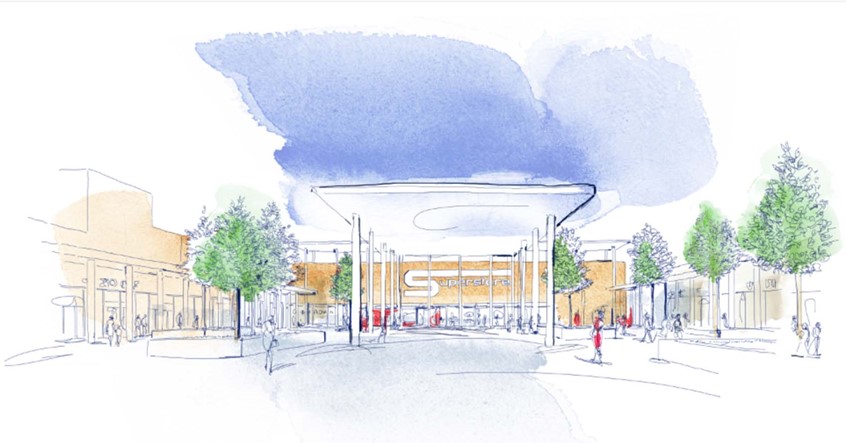 illustration of F/C illustration of building - Superstore, for Esselunga brochure, background done as a watercolour on paper and digital, wallpaper for hotel, editorial, advertising, packaging, line art, line art and color, people, woman's fashion, man's fashion, architectural, portraits,