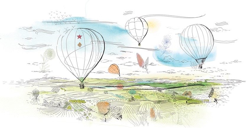 illustration of F/C illustration of Balloons over a fertile valley, background done as a watercolour on paper and digital, wallpaper for hotel, editorial, advertising, packaging, line art, line art and color, people, woman's fashion, man's fashion, architectural, portraits,