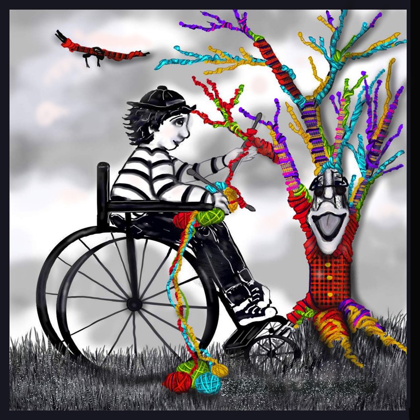 illustration of Michael is a child with muscular dystrophy. He wants to make sweaters, hats, and gloves for all the creatures on planet Earth while he still has use of his hands. This is a beautiful story about its not how much time you have, but how you choose to use it. Micheal leaves a legacy of kindness.