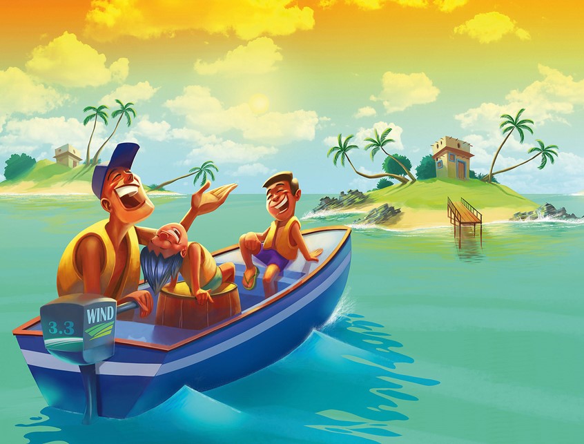 illustration of Figurative, kidslit, fiction, character design, gaming, boat, island, family, ocean, holiday, vacation