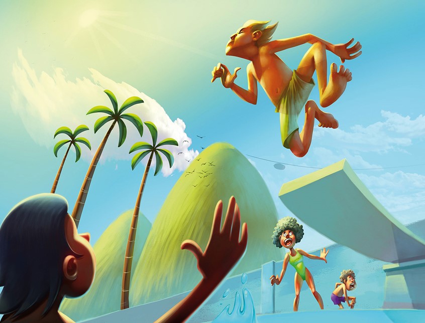 illustration of Figurative, kidslit, fiction, character design, gaming, swimming pool summer, diving, holiday, vacation,