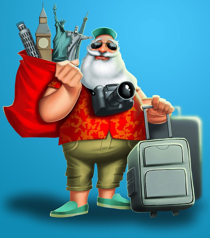 illustration of Figurative, kidslit, fiction, character design, gaming, santa claus, holiday, vacation, suit case,