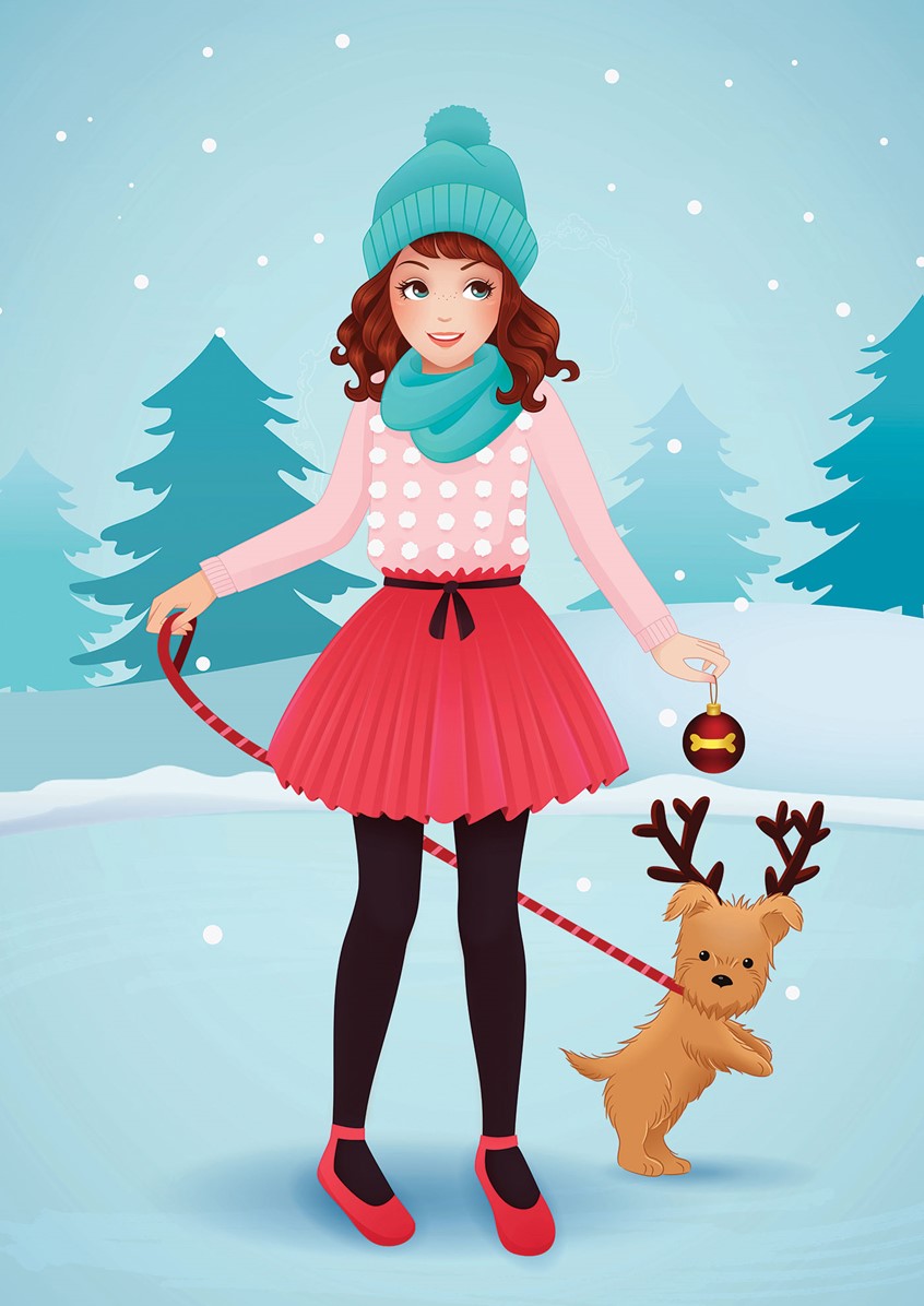 illustration of Fashion, character design, fiction, kidslits, fairytale, mythical, dog, snow, winter, festive,
