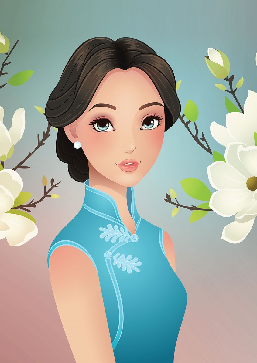 illustration of Fashion, character design, fiction, kidslits, fairytale, mythical, oriental, flowers, portrait,