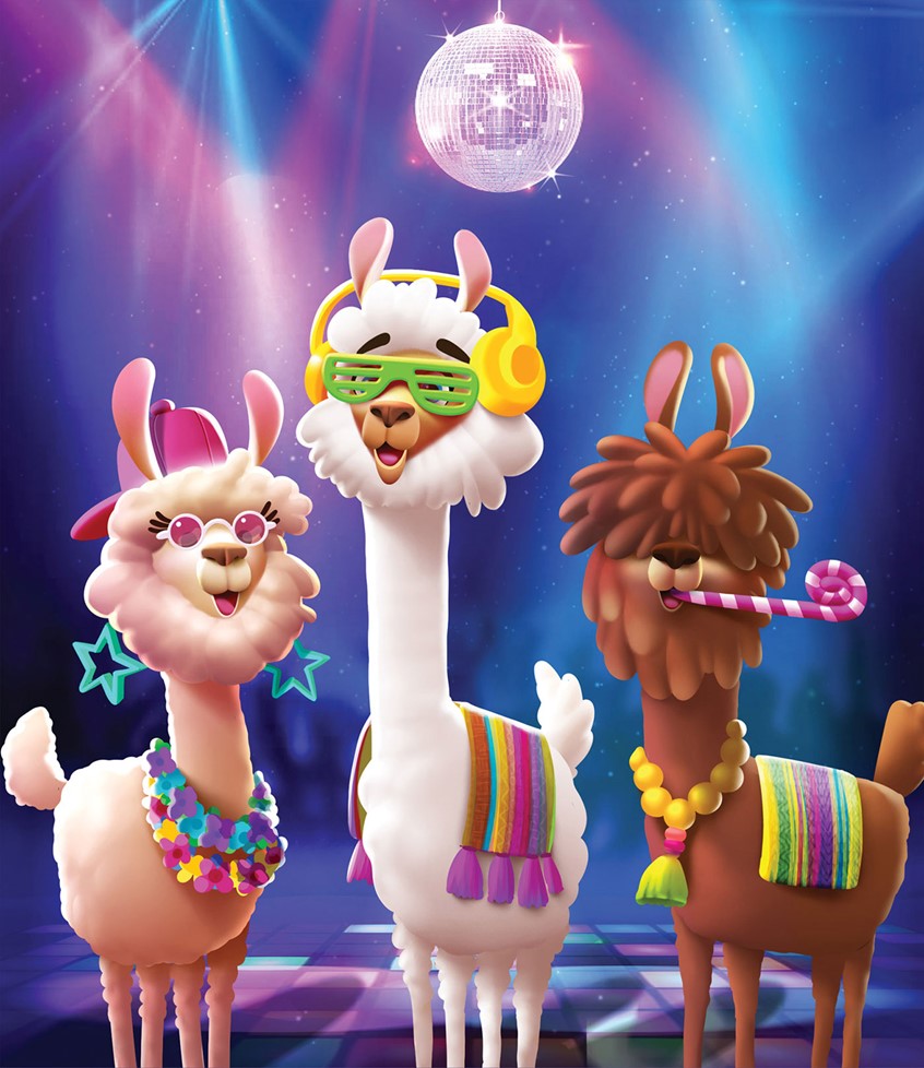 illustration of Character design, gaming, fiction, kidslit, figurative, fantasy, alpaca, disco, disco ball, party, greetings cards,
