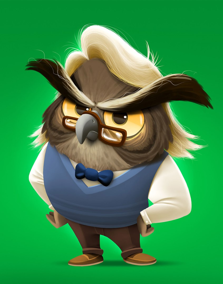 illustration of Character design, gaming, fiction, kidslit, figurative, fantasy, owl, teacher, educational publishing,