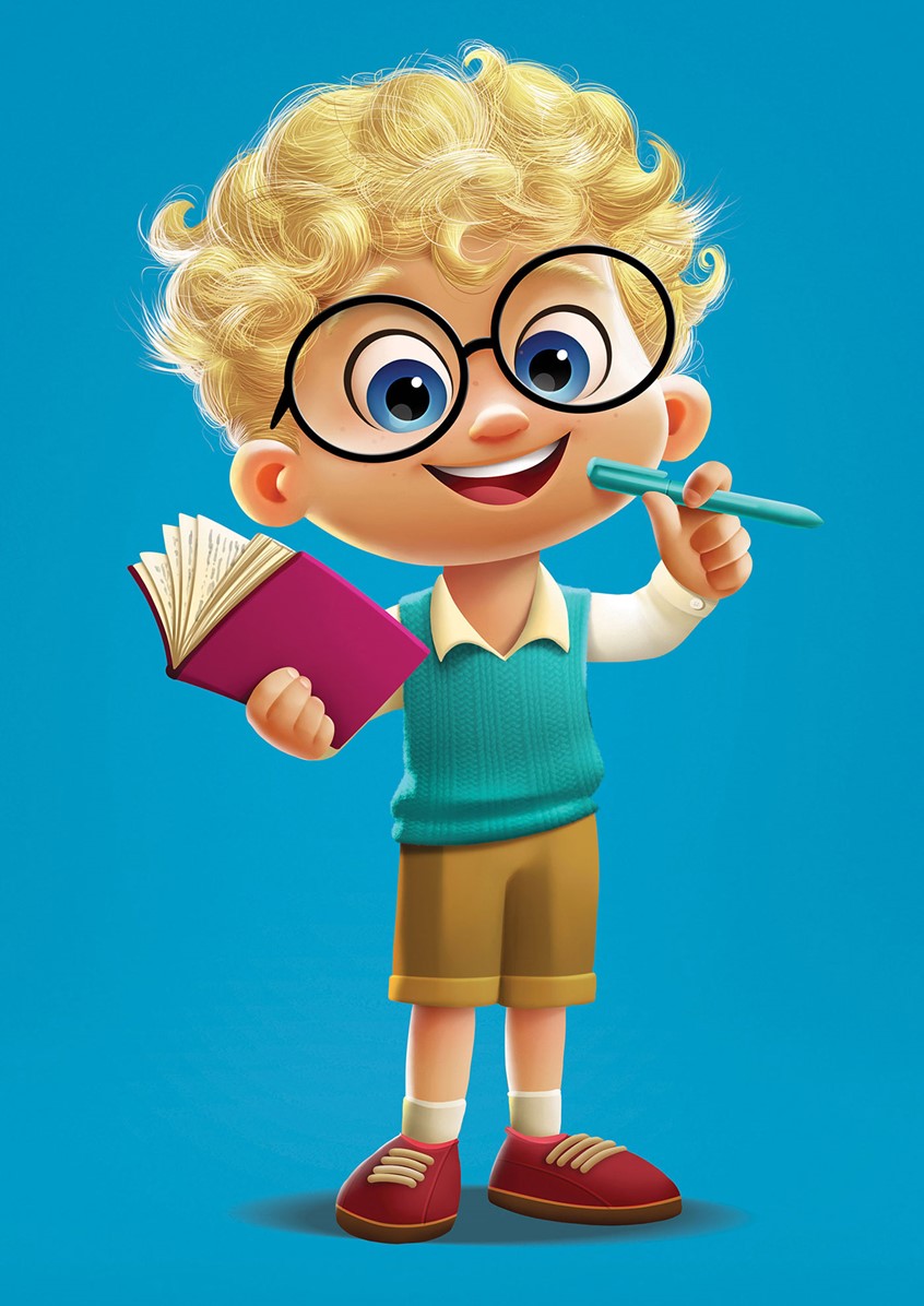 illustration of Character design, gaming, fiction, kidslit, figurative, fantasy, school boy, books, glasses,