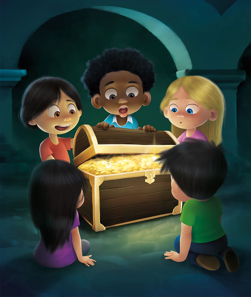 illustration of Character design, gaming, fiction, kidslit, figurative, fantasy, treasure, treasure chest, kids,