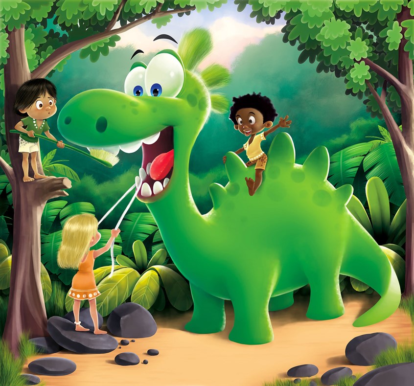 illustration of Character design, gaming, fiction, kidslit, figurative, fantasy, dinosaur, jungle, kids, tooth brush,