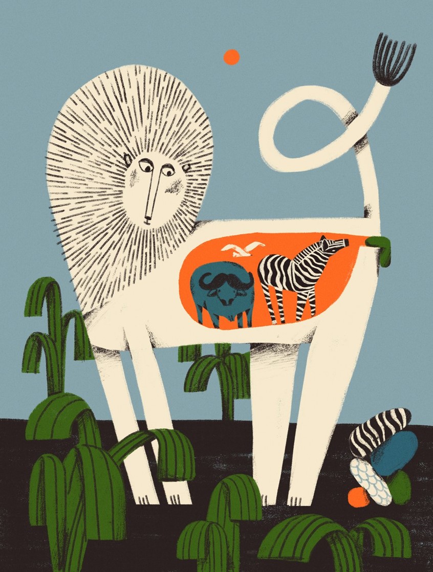 illustration of Lion, dna, animal, editorial illustration, national geographic, plants, poop, animals, nature, wild, summer, sun, flowers, face, cute, plant, flower, lions, zebra, bird, floral