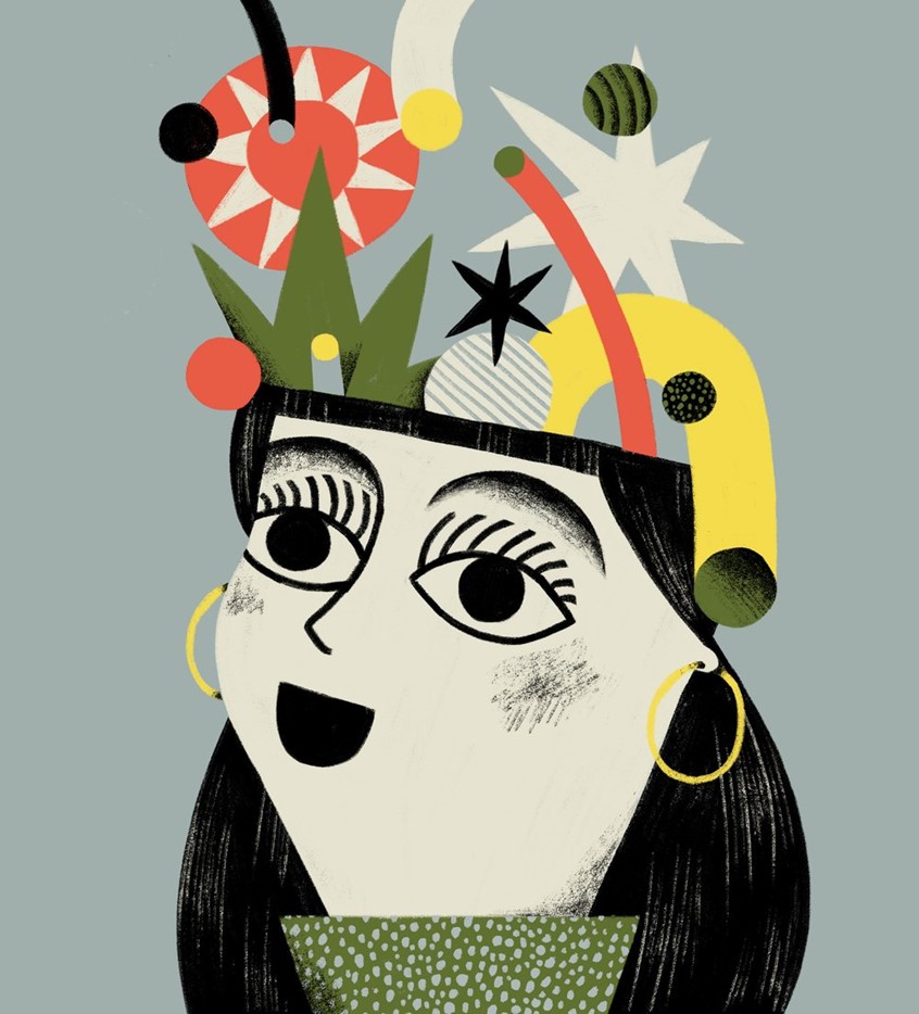 illustration of Covid-19, face, happy, creativity, fun, colorful, colors, smile, eyes, head, fantasy, bookcover, magazine cover, editorial illustration, newspaper illustration, packaging design, trendy, hip, new, style, colors, colour