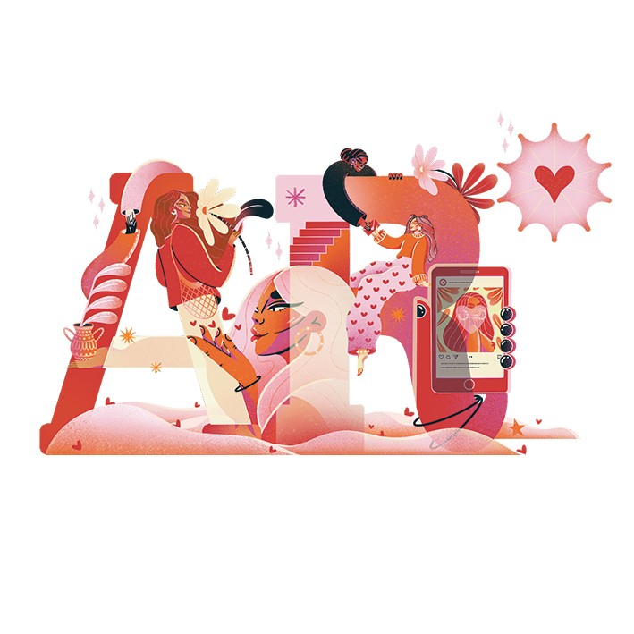 illustration of Sally Waite's interpretation of the Agency Rush logo, with an LGBTQ+ twist, celebrating love in the modern age. Kiss, love, female, Pride, smartphone, dating app, find love, illustrated type, lettering.