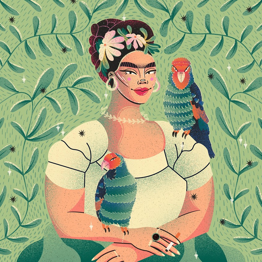 illustration of Portrait of Mexican artist and feminist Frida Kahlo for International Women in the Arts 2023. Illustrated portrait, head shot, parrots, fashion icon, botanical, profile, sitting, smoking, cigarette.