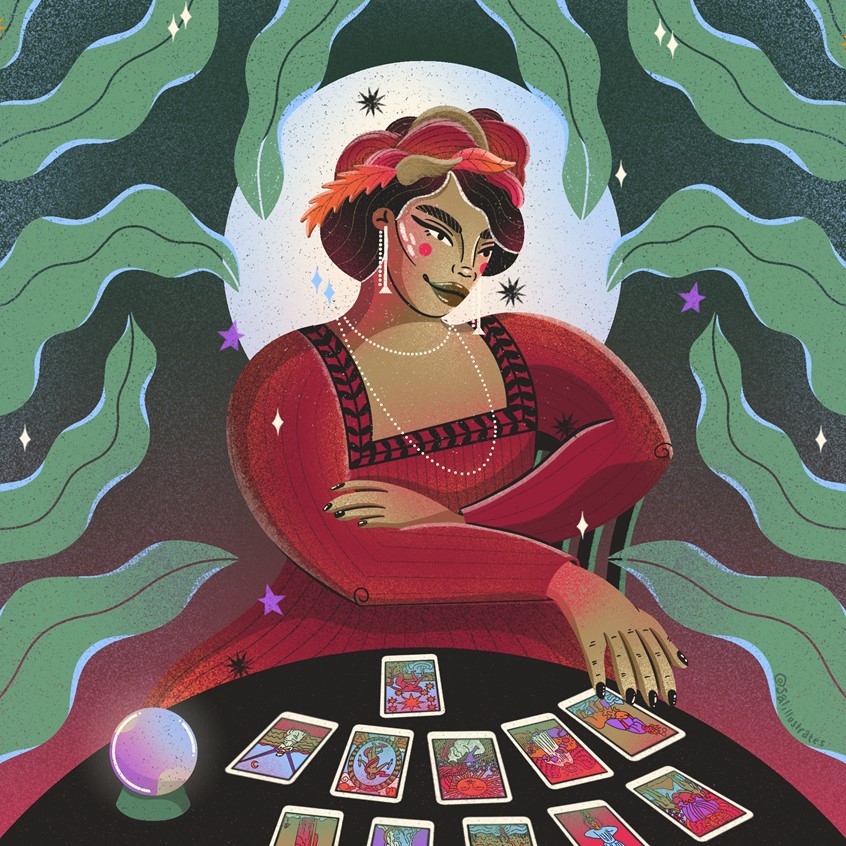 illustration of Self-initiated project celebrating International Women in the Arts 2023. This is Pamela Colman Smith, nicknamed