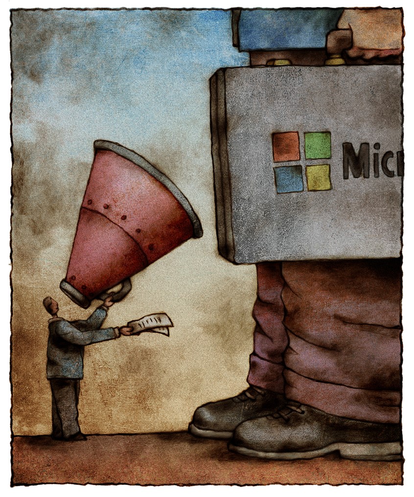 illustration of Legal Times, 2013.
Corporation, company, business, legal, court, lawsuit, lawyer, attorney, serve, papers, software, microsoft, tech company, small business, businessman, megaphone, amplify, yell, shout, briefcase.