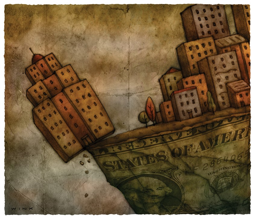 illustration of The Fall of Metro Property Values. Commercial Observer, 2019.
Cliff, building, real estate, property, values, realty, investment, financial, dollar, money, capital, cash, funds, metro, brink, city, downtown, fall, lean, crumble, tipping, teeter.
