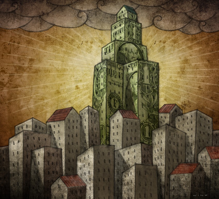illustration of Finance Issue Cover, Commercial Observer, 2020.
City, buildings, real estate, money, investment, skyscraper, tower, financial, metro, metropolitan, property, realty, dollar, capital, cash, wealth, funds, broker, dawn, sunburst.