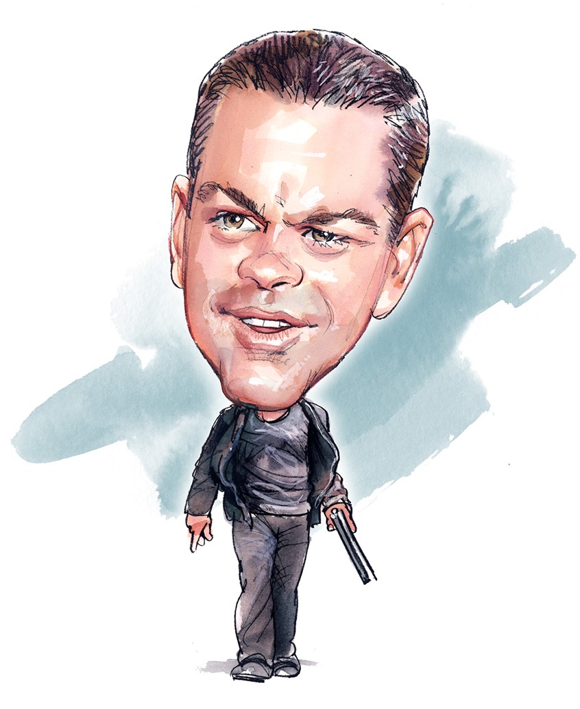illustration of The caricature captures Matt Damon’s recognizable features and his versatile career in a playful, exaggerated style, emphasizing his strong jawline, friendly eyes, and charismatic smile, while incorporating elements from his diverse filmography to create a comprehensive and entertaining representation of the actor.