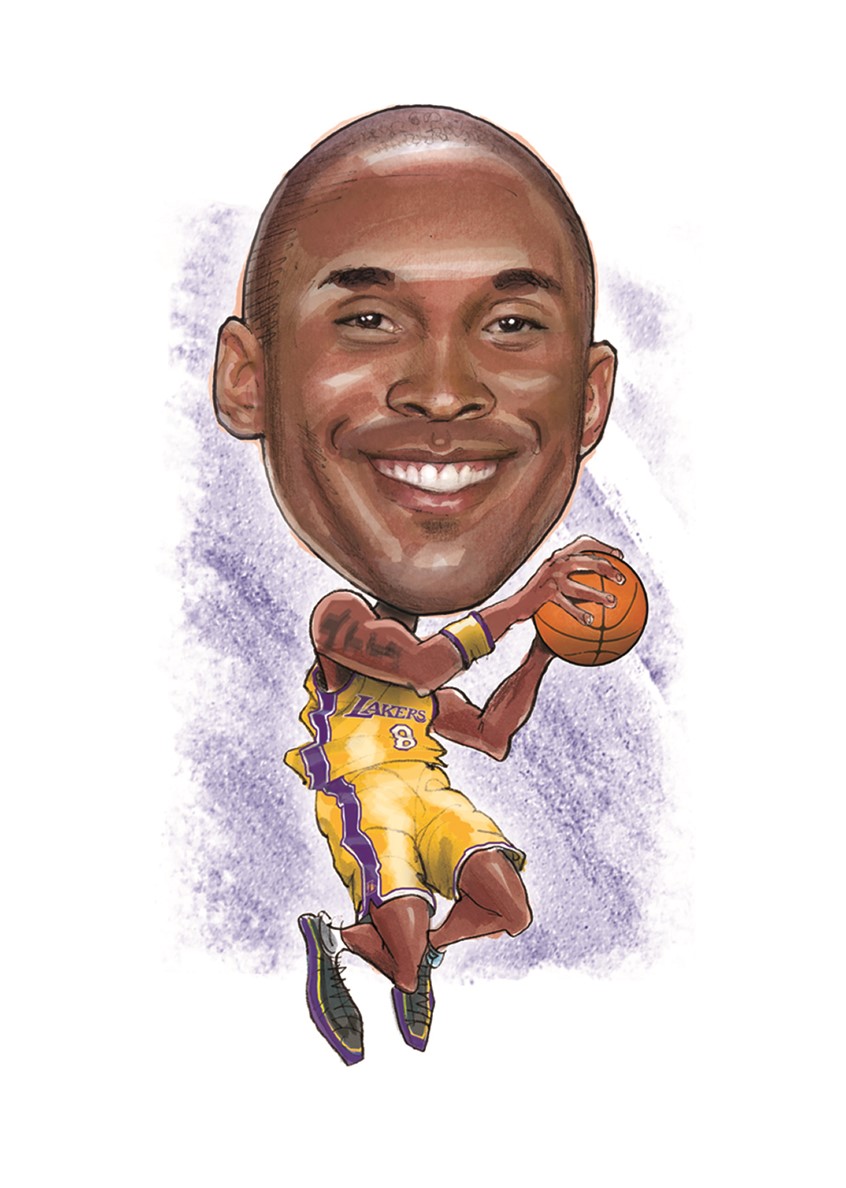 illustration of the caricature captures Kobe Bryant’s essence as an NBA icon, with a focus on his intense determination, athletic prowess, and the vibrant energy he brought to the sport. The exaggerated features and dynamic pose highlight his legacy and the impact he had on basketball fans around the world.