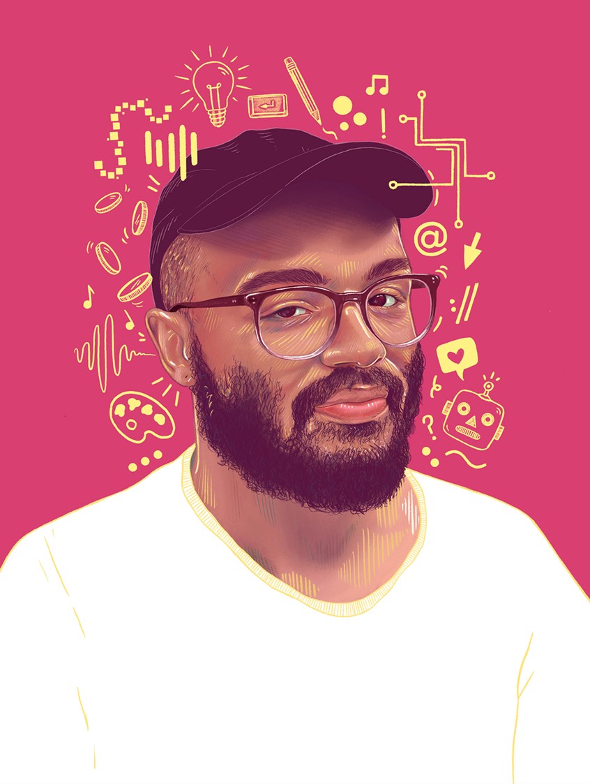 illustration of Portrait of Trevor McFedries commissioned by Courier Media October edition.
Robot, doodle, hear, internet, social media, paint palette, @, code, wavelength, lightbulb, pencil, music note, !, arrow, squiggle, glasses, hat, hipster, beard.