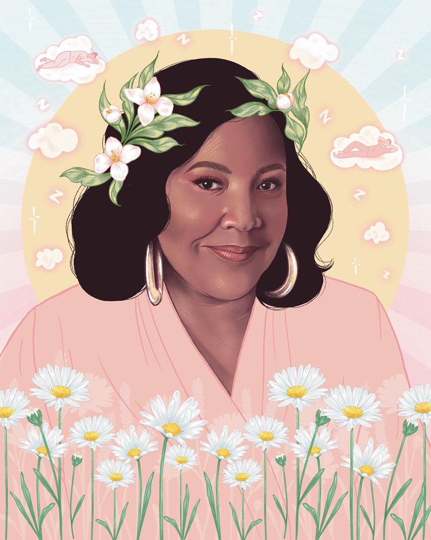 illustration of Portrait of Tricia Hersey, founder of The Nap Ministry for Emory University.
florals, daisy, camomile, sun, moon, pastels, flower crown, dream-like, dreaming, dream, smile, zzz, sleep, napping, Emory magazine