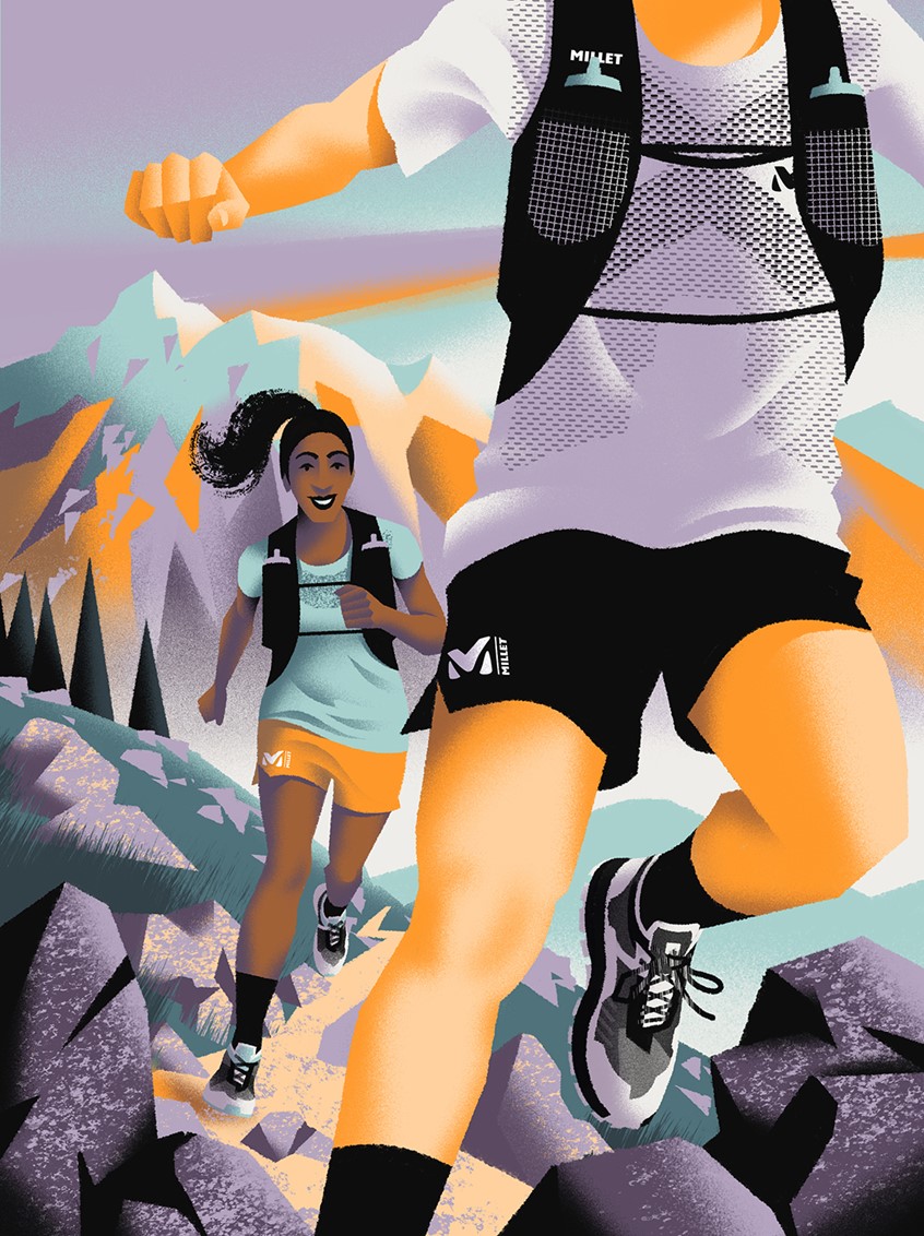 illustration of Cover design for The Pill Outdoor magazine, issue 61. Made in collaboration with Millet Mountain.
Running, sports, outdoors, backpack, mountains, trees, trainers, smile, athletic