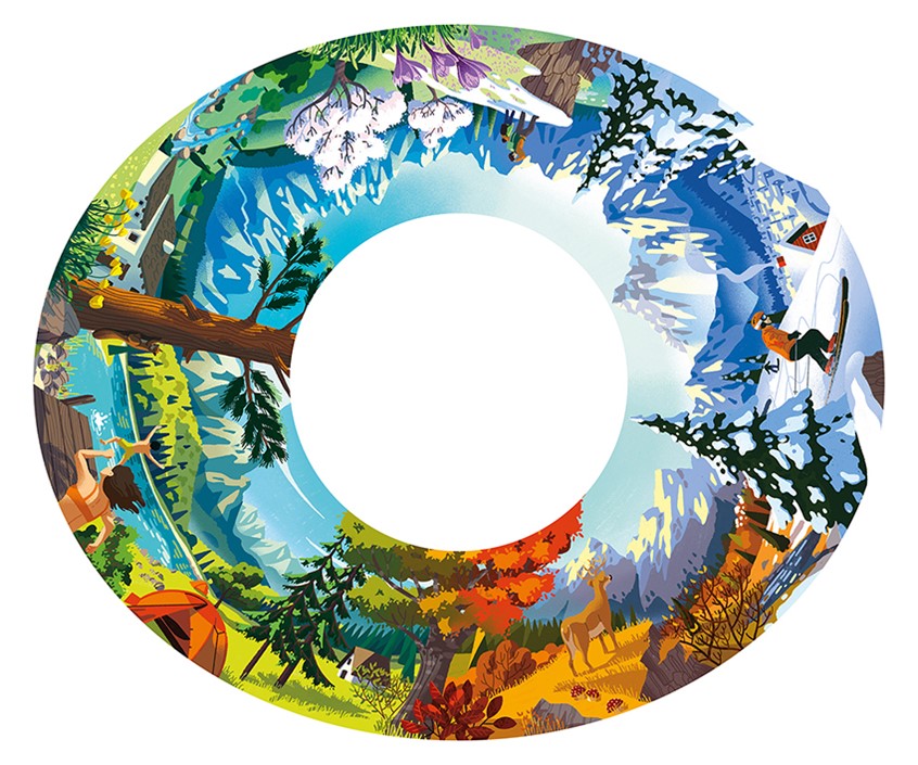 illustration of A composition showing the worlds four seasons, from summer, spring, autumn and winter.
trees, swimming, jumping, lake, water, house, hut, deer, orange, green, blue, rocks, bluebells, hike, wonder, snow, mountains, ski, sport, snowboarding, winter sports.