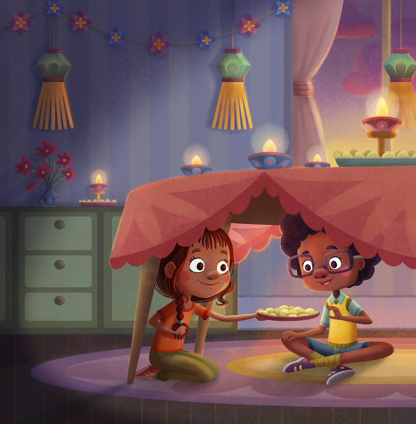 illustration of Dharmali Patel, Illustration Online LLC, Tin Cans and String, Children's Books, Children's art, kids books, friends. Talking, communication, imagination, sharing, room, interiors, inside, candles