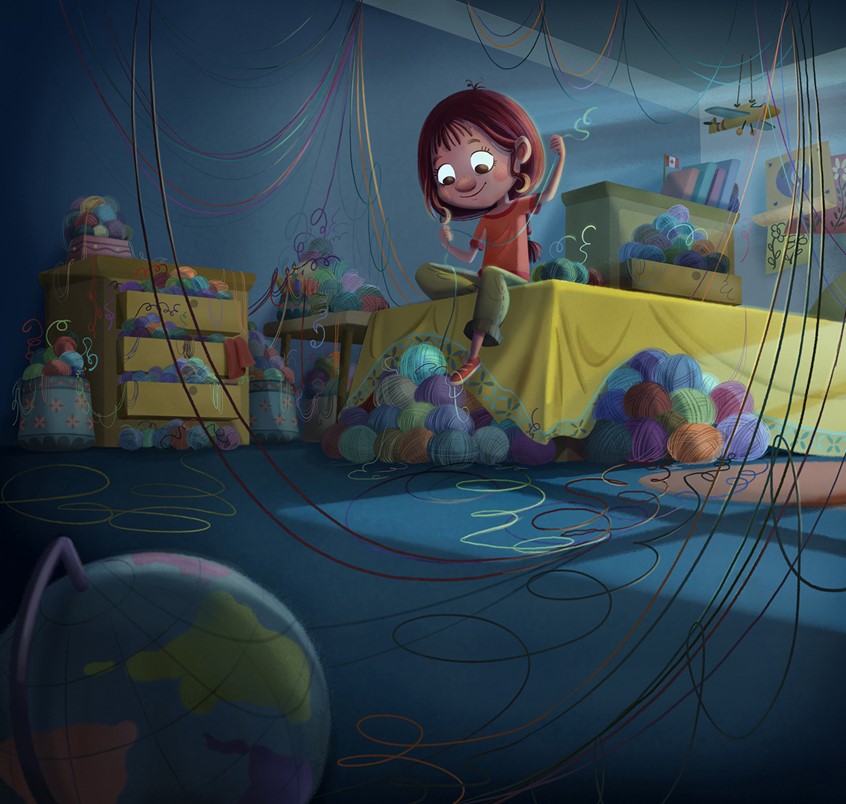 illustration of Dharmali Patel, Illustration Online LLC, Tin Cans and String, Children's Books, Children's art, kids books, friends. Talking, communication, imagination, night, bedroom, yarn, balls of yarn, colored string