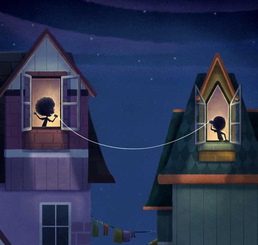 illustration of Dharmali Patel, Illustration Online LLC, Tin Cans and String, Children's Books, Children's art, kids books, friends. Talking, communication, imagination, houses, silhouettes, night