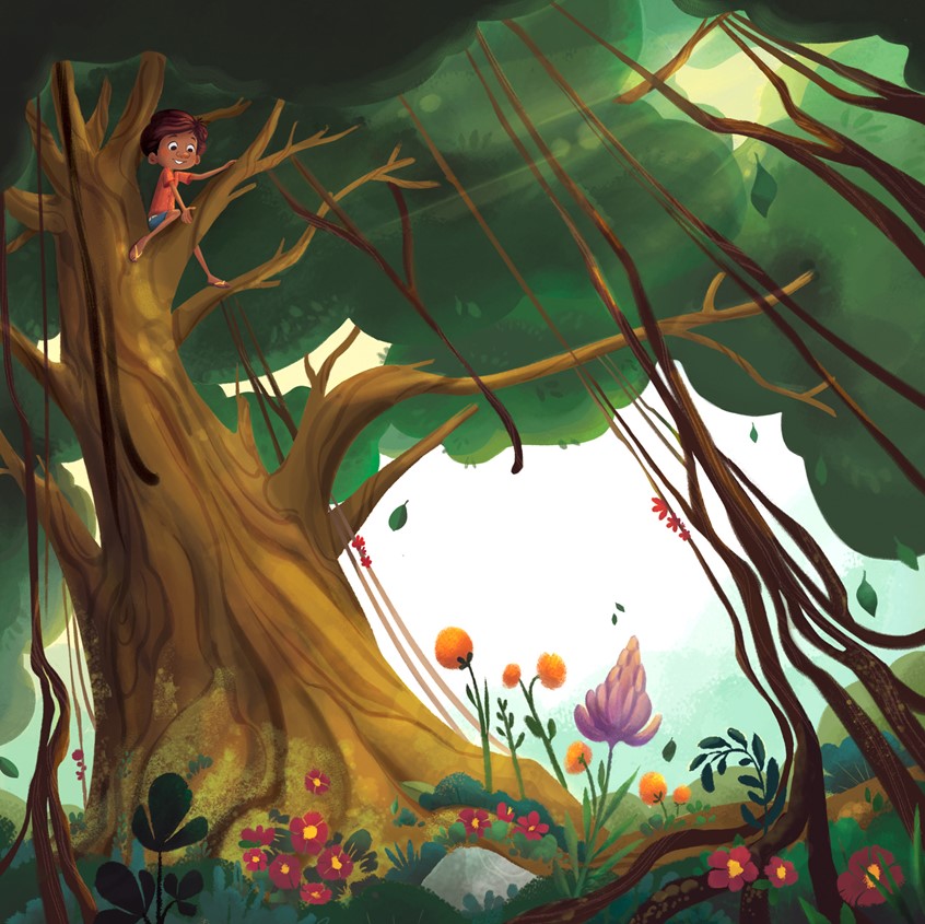 illustration of Dharmali Patel, Illustration Online LLC, The Boy and the Banyan Tree, Children's Books, Children's art, kids books, tree wisdom, love. learn, flowers, landscape