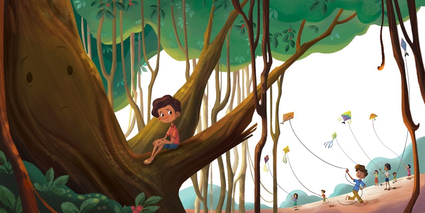illustration of Dharmali Patel, Illustration Online LLC, The Boy and the Banyan Tree, Children's Books, Children's art, kids books, tree wisdom, love. learn, kite, flying a kite, left out, sad, lonely